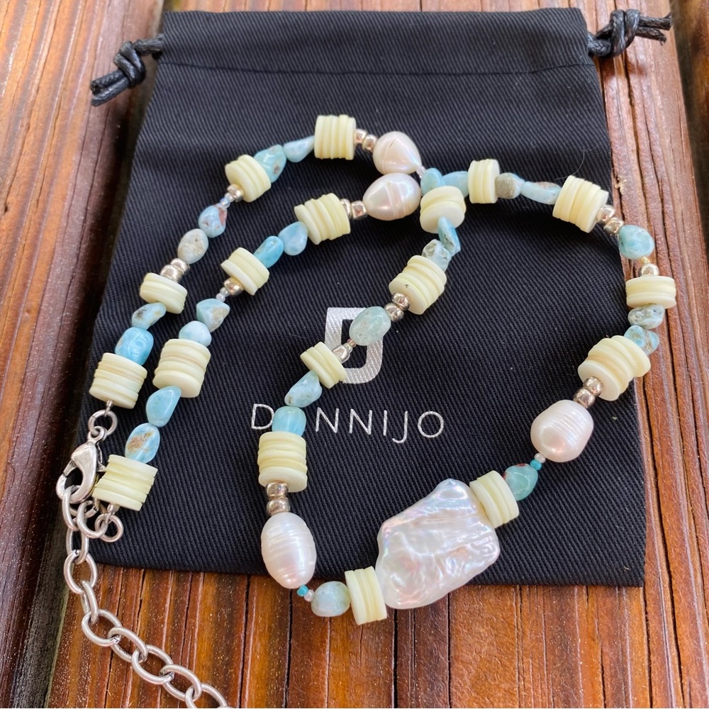 DANNIJO Riviera Freshwater Pearl, Heishi, & Larimar Beaded Necklace NWT - Picture 13 of 14